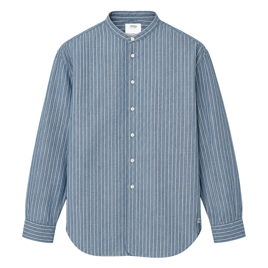 visvim Ingall Long Sleeve Shirt in blue chambray with white pinstripes, featuring a Mandarin band collar, cream button placket, and double-stripe cuff detailing