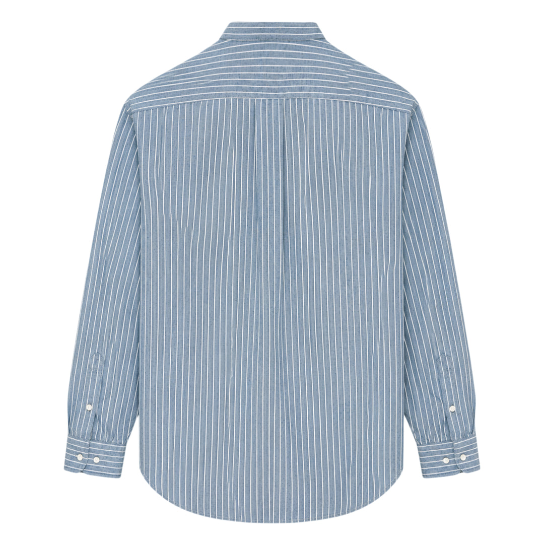 visvim Ingall Long Sleeve Shirt in blue chambray with white pinstripes, featuring a Mandarin band collar, cream button placket, and double-stripe cuff detailing - view 2