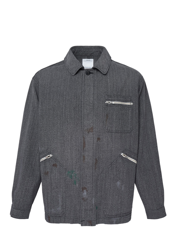 visvim Eclair Coverall Custom Long jacket in washed charcoal grey with paint splatter details, zip chest pocket and angled zip waist pockets