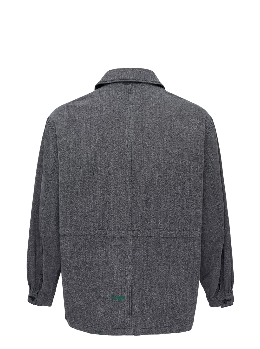 visvim Eclair Coverall Custom Long jacket in washed charcoal grey with paint splatter details, zip chest pocket and angled zip waist pockets - view 2