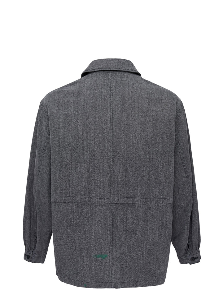 visvim Eclair Coverall Custom Long jacket in washed charcoal grey with paint splatter details, zip chest pocket and angled zip waist pockets - view 2