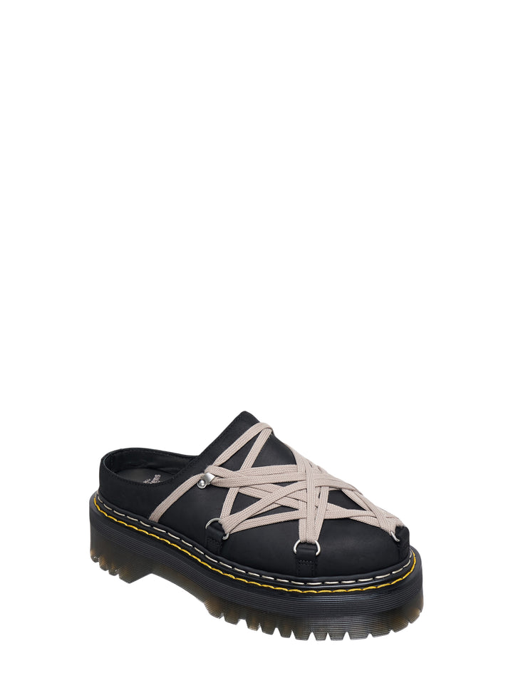 Rick Owens x Dr. Martens Quad Sole Megalace flatform mule in black with beige cord lacing, silver D-ring hardware, and chunky yellow-stitched cleated platform sole, side profile view - view 2