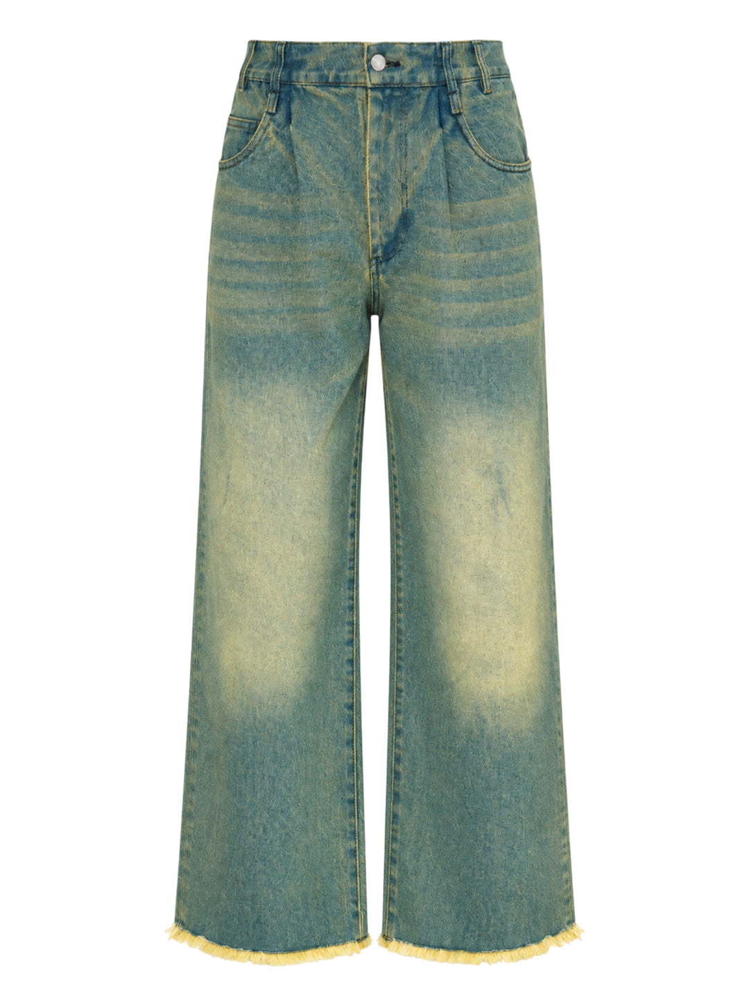 Song for the Mute boyfriend jeans in a faded blue-green vintage wash with wide legs, pleated waist and raw frayed hems