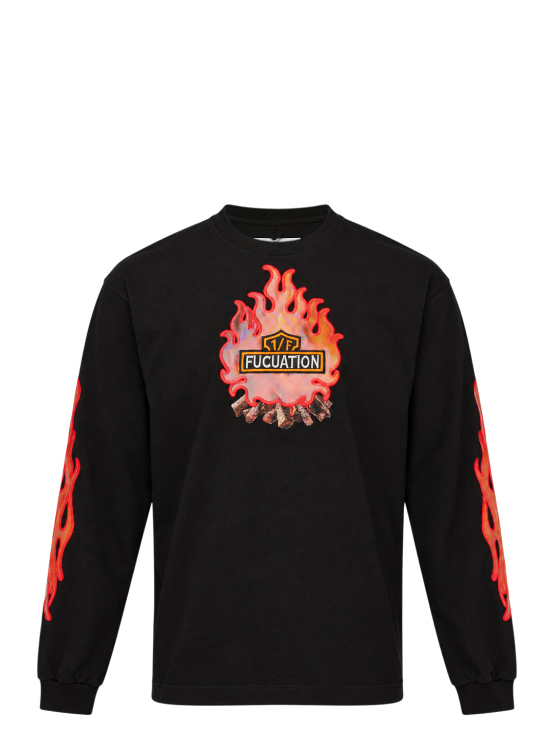 doublet black long sleeve tee with a lenticular campfire flame appliqué and Fucuation badge on the chest, with flame appliqués down both sleeves