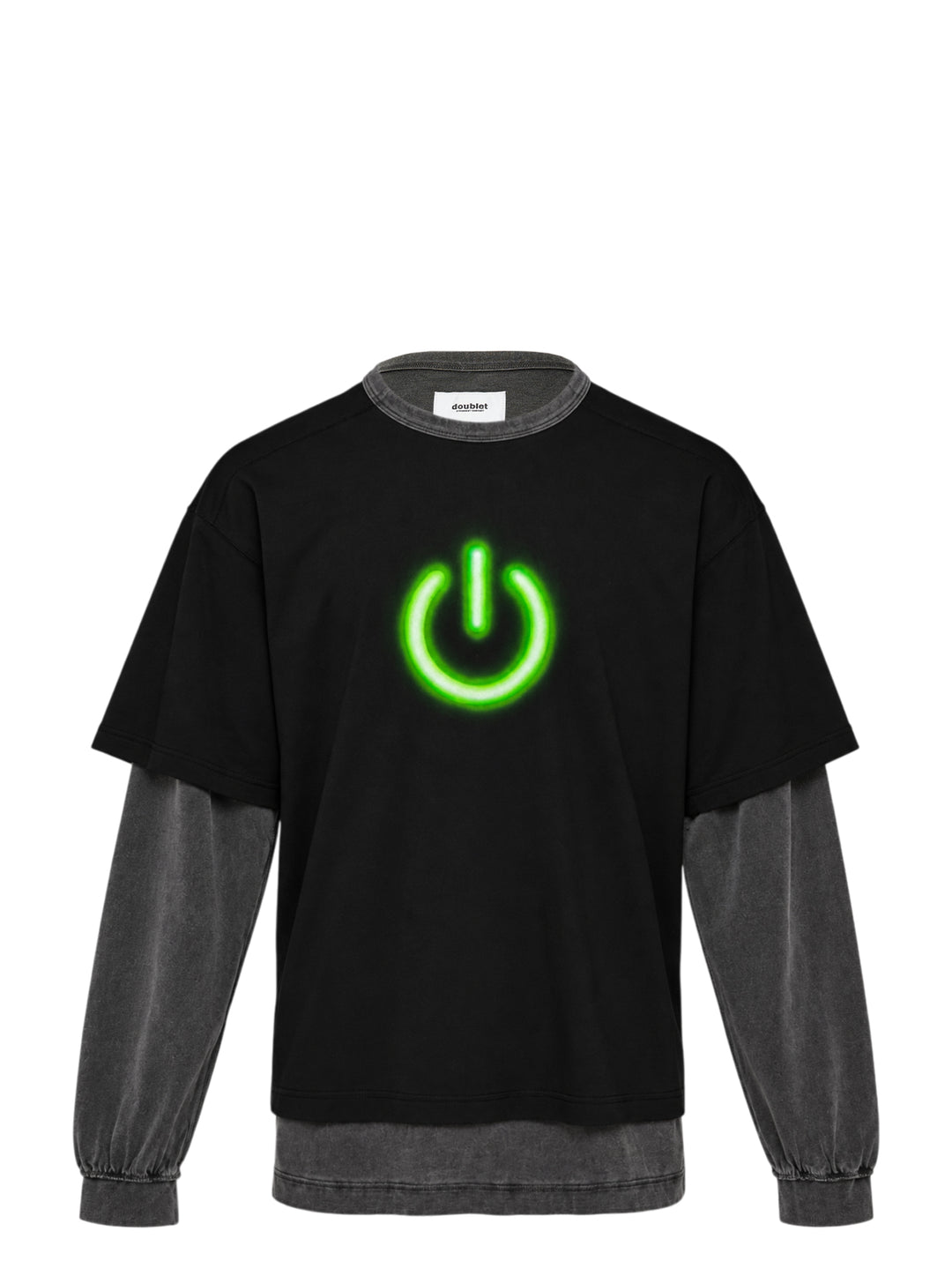 doublet On&Off reversible long sleeve T-shirt in black with a glowing green power-button graphic and faded grey layered sleeves
