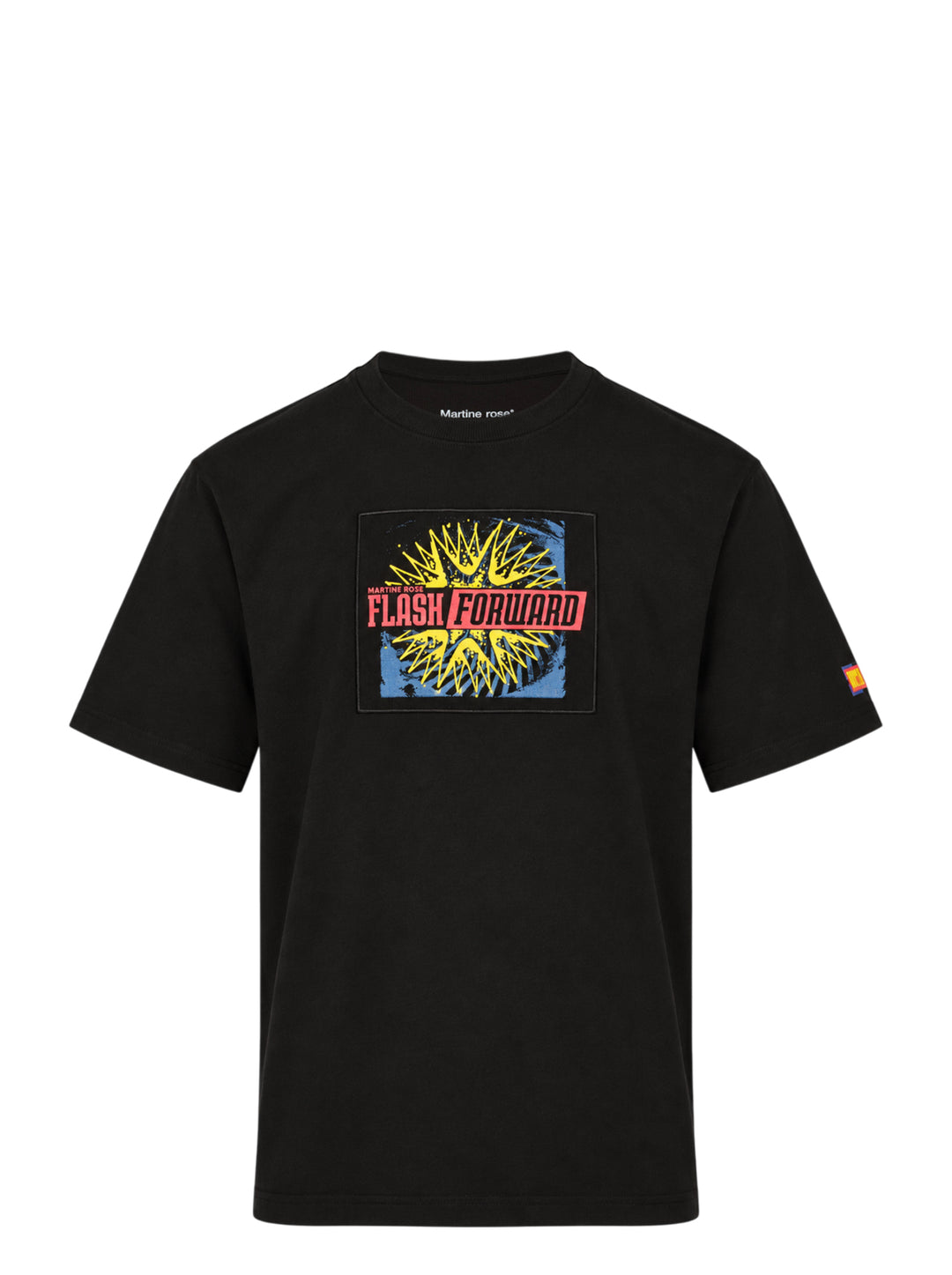 Martine Rose black short-sleeve T-shirt with a yellow, red and blue Flash Forward graphic patch on the chest