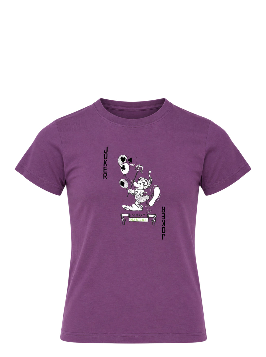 Martine Rose purple shrunken t-shirt with a Joker playing card graphic featuring a jester holding suit-symbol balloons