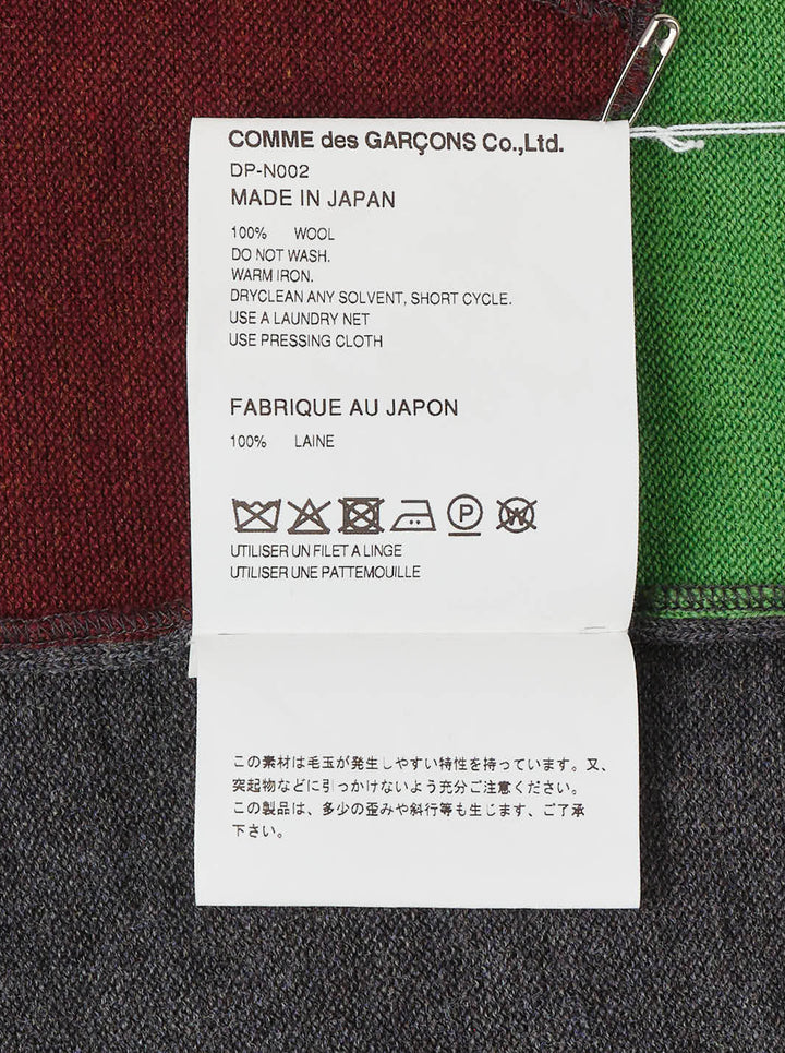 Comme des Garçons Homme Deux long sleeve crew-neck sweater with geometric patchwork panels in green, burgundy and navy on a charcoal grey knit - view 3