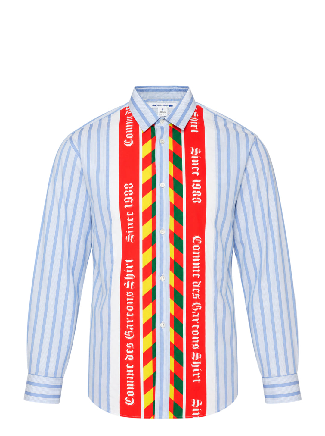 Comme des Garçons Shirt Label Stripe Shirt in blue and white stripes with red, yellow and green printed placket and Gothic 'Since 1988' lettering