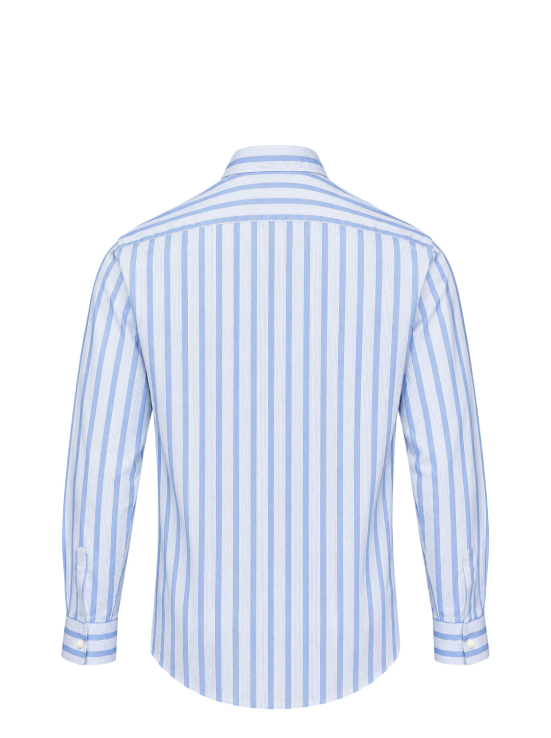 Comme des Garçons Shirt Label Stripe Shirt in blue and white stripes with red, yellow and green printed placket and Gothic 'Since 1988' lettering - view 2