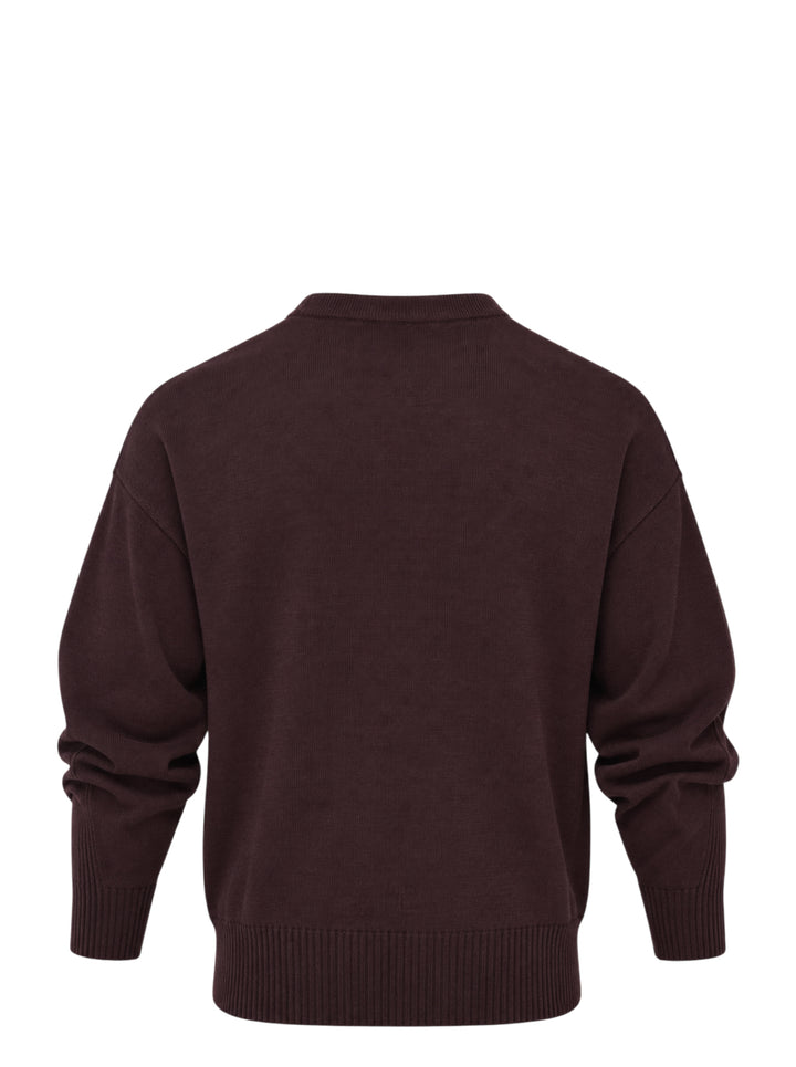 Kiko Kostadinov Multi Collar Long Sleeve Sweater in dark brown knit with layered grey, black, and pink ribbed collar and vertical rib detail - view 2