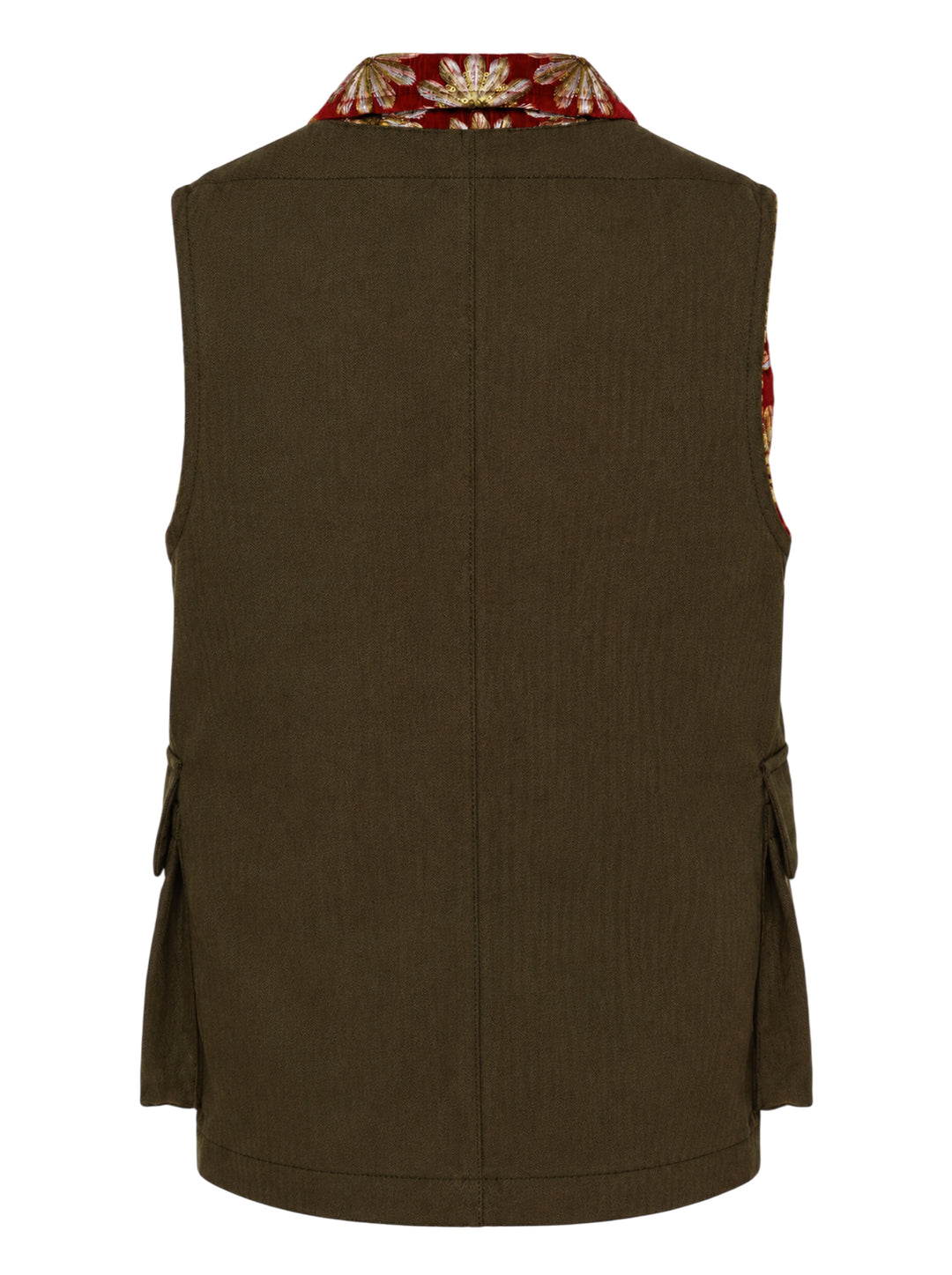 Comme des Garçons Homme Plus olive herringbone vest with floral jacquard lining, notched lapel, button front and two flap pockets - view 2