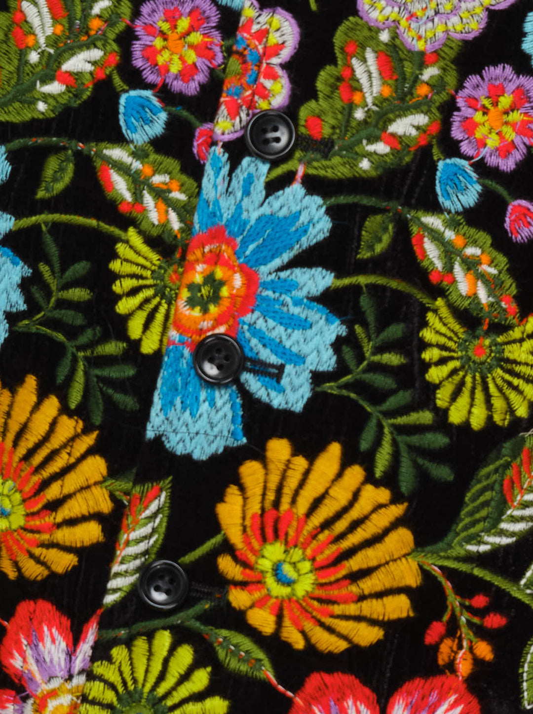 Comme des Garçons Homme Plus asymmetrical vest with an olive wool half, a multicolour embroidered floral half on black, and a large flap pocket - view 4