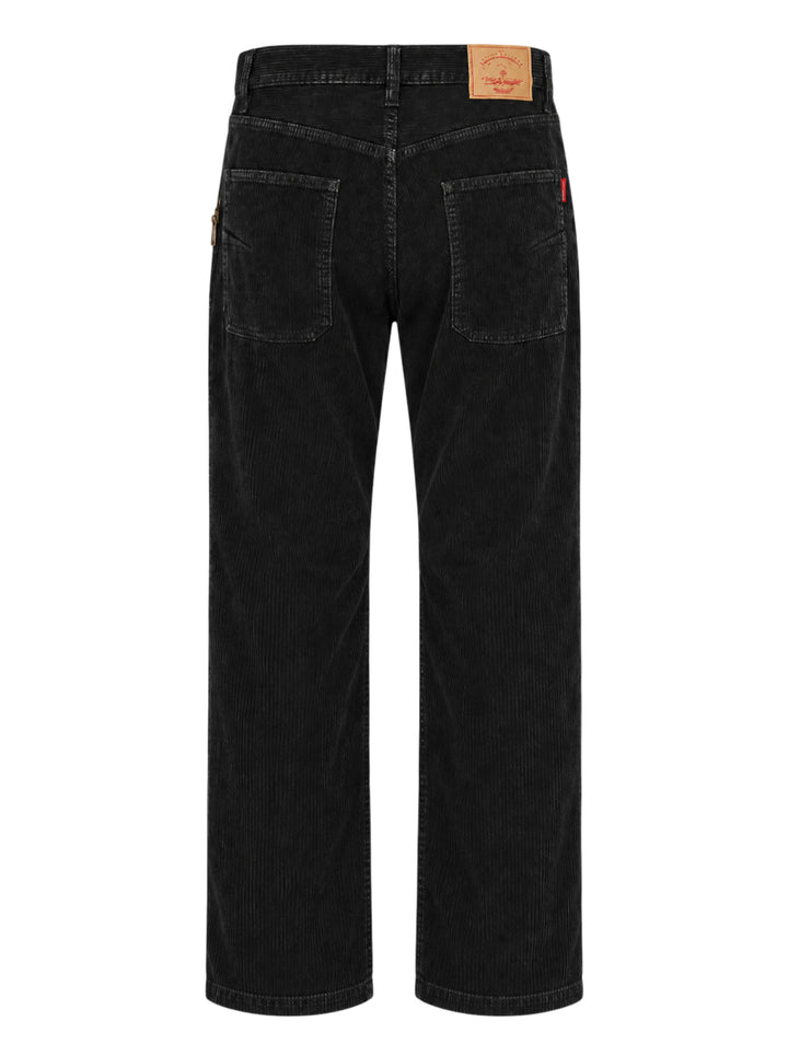 Undercover black corduroy pants with straight legs, knee seams and five-pocket styling, shown front view - view 2
