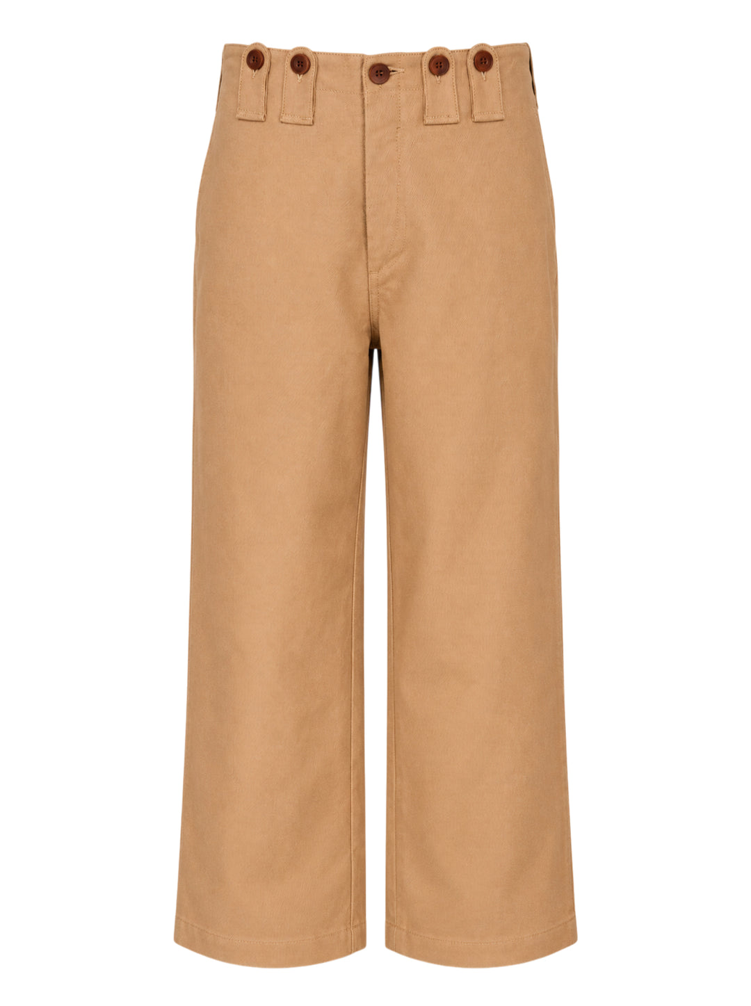Junya Watanabe camel cropped wide-leg trousers with button tab waistband detail, shown from the front