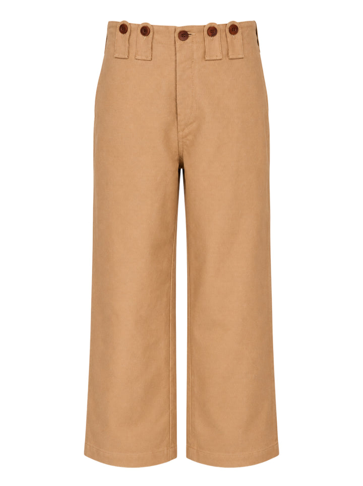 Junya Watanabe camel cropped wide-leg trousers with button tab waistband detail, shown from the front