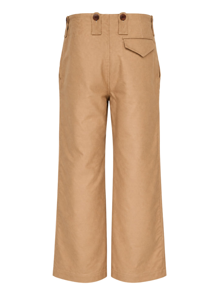 Junya Watanabe camel cropped wide-leg trousers with button tab waistband detail, shown from the front - view 2