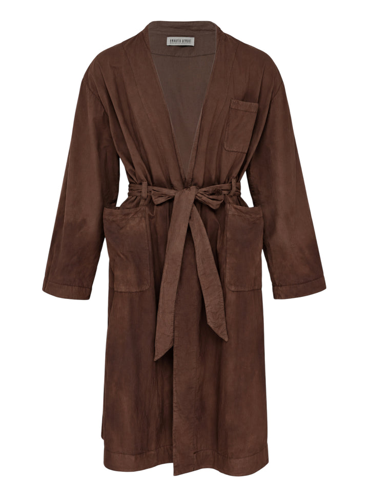 Brown garment-dyed belted toga coat with wrap front, patch pockets and tied waist belt, front view