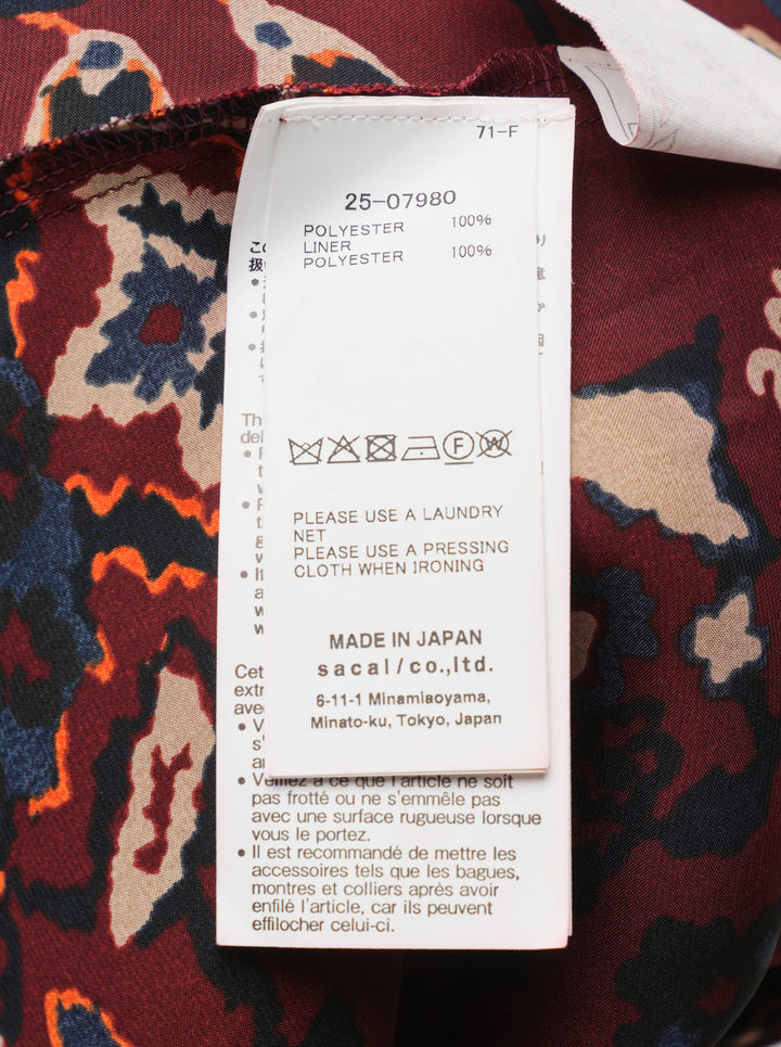 sacai burgundy satin mini dress with navy, orange and cream paisley floral print, high collar, draped scarf panel and balloon sleeves - view 3