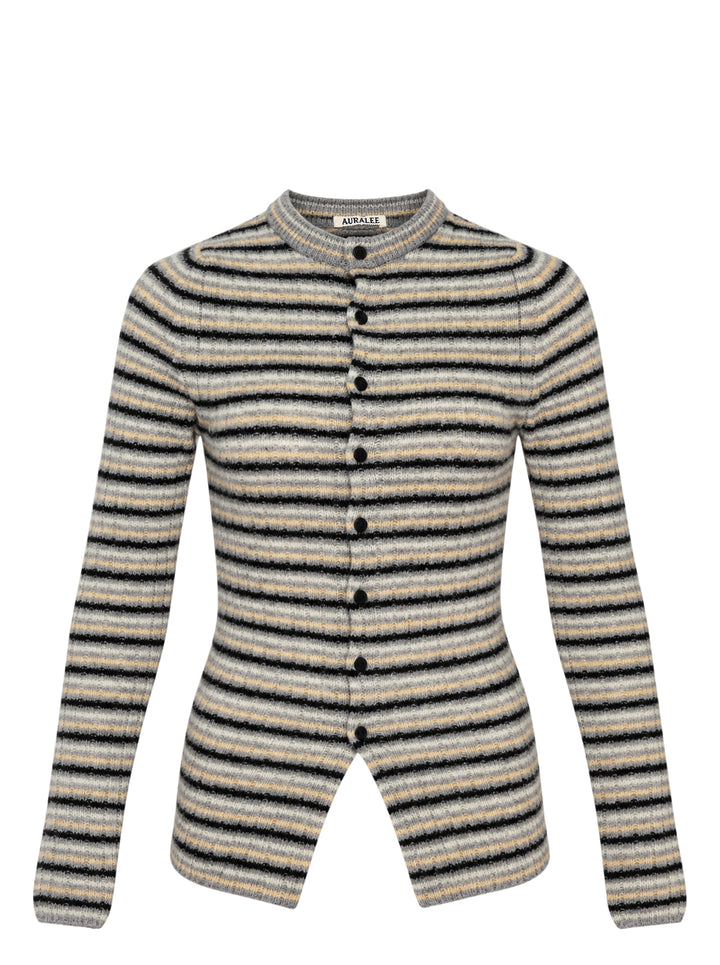 Auralee striped rib knit cardigan in grey, cream, sand, and black with a button front and crew neckline