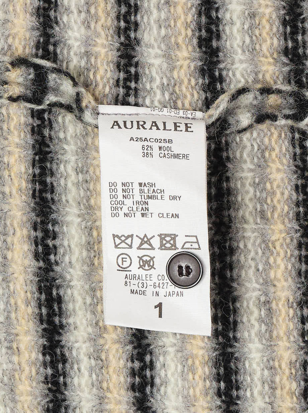 Auralee striped rib knit cardigan in grey, cream, sand, and black with a button front and crew neckline - view 3