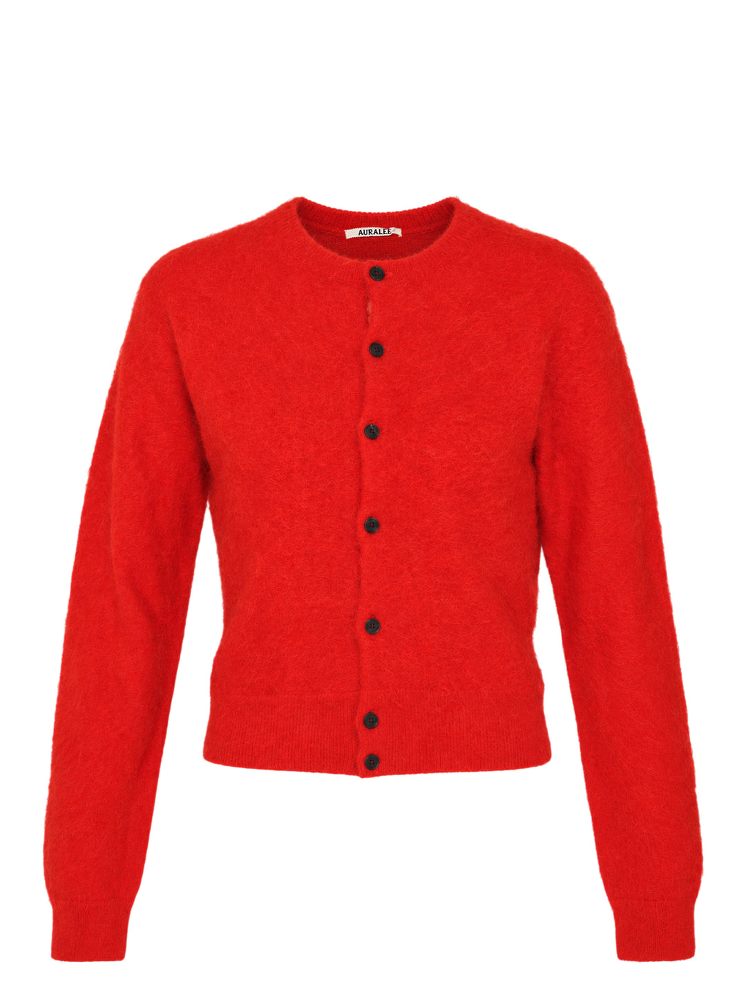 Auralee red garment-dyed baby alpaca fur cardigan with crew neckline and black button front