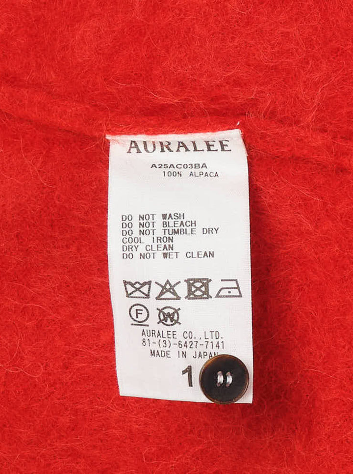 Auralee red garment-dyed baby alpaca fur cardigan with crew neckline and black button front - view 3
