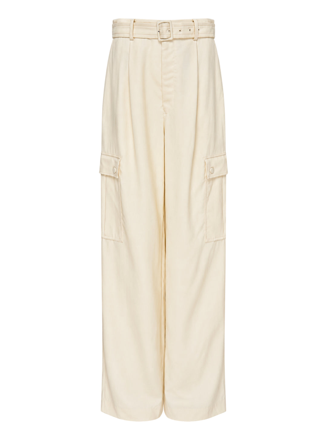 Cream belted wide-leg cargo pants with pleated front and button-flap side pockets