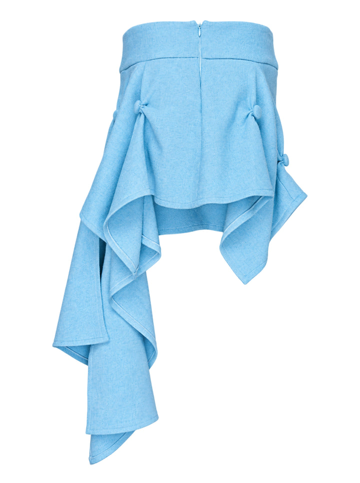 Sky blue asymmetric Claudia skort by Renaissance Renaissance with gathered fabric-covered button details and a cascading draped hem - view 2