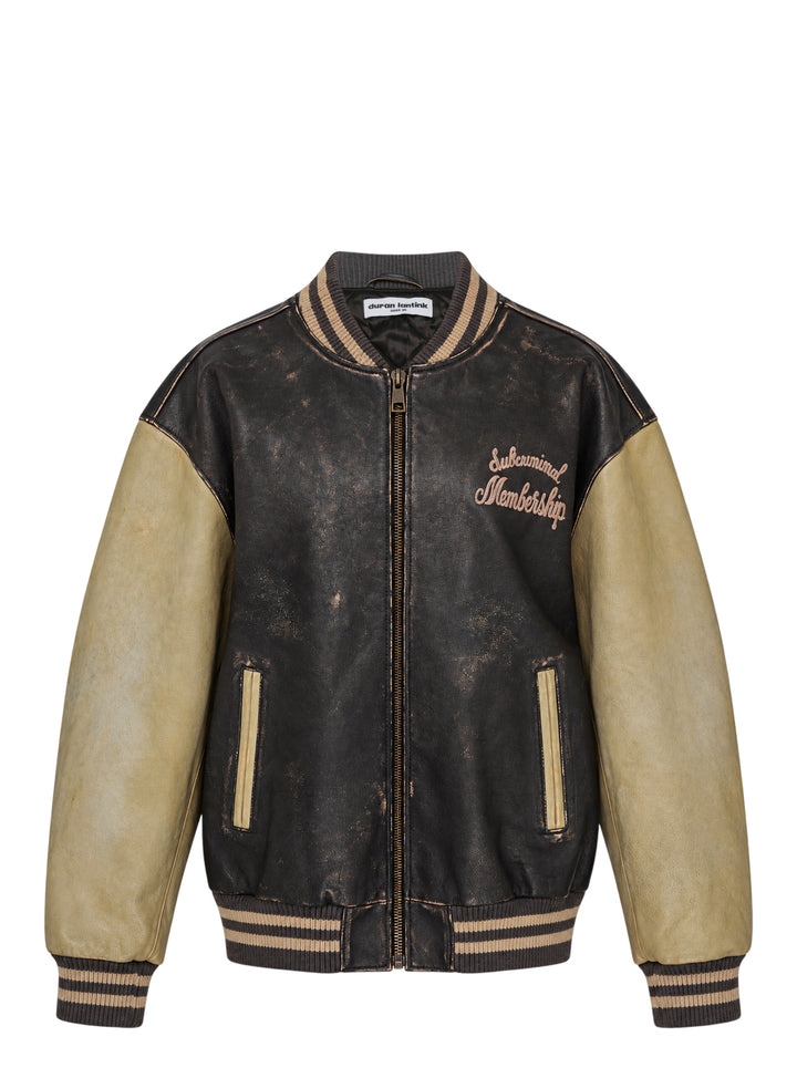 Duran Lantink Duranimal leather bomber jacket in distressed black with sand-coloured sleeves, striped ribbed trims, brass zip and pink script embroidery on the chest