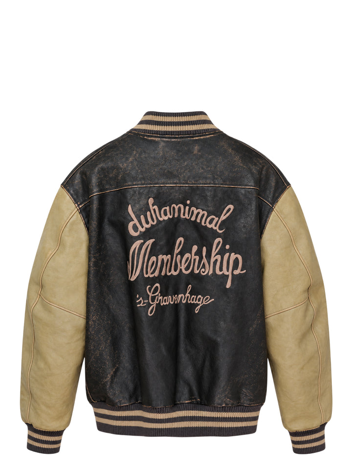 Duran Lantink Duranimal leather bomber jacket in distressed black with sand-coloured sleeves, striped ribbed trims, brass zip and pink script embroidery on the chest - view 2