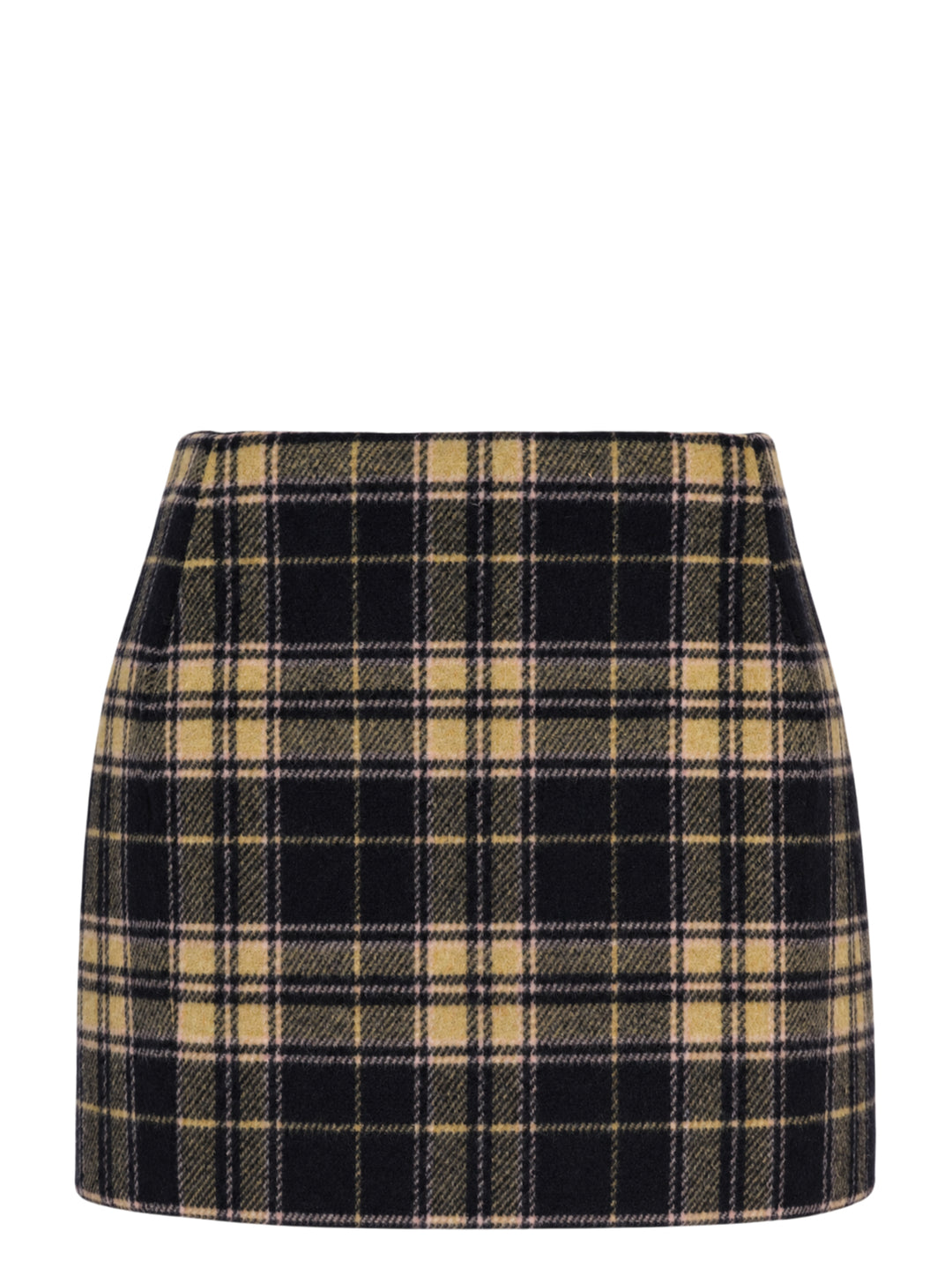 Duran Lantink padded tartan mini skirt in a black, mustard, and olive check pattern, shown flat against a white background