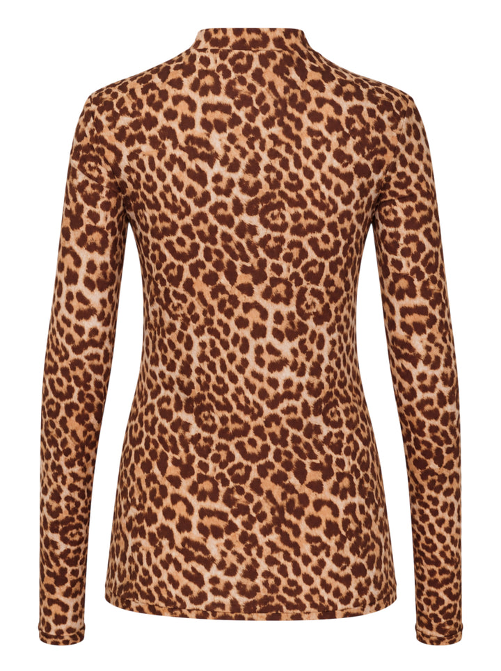 Duran Lantink long sleeve mock neck top in brown and tan leopard print jersey, shown flat from the front - view 2