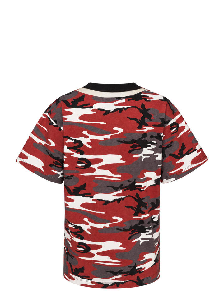 Duran Lantink Floating Camo Print T-Shirt in red, black, grey and white camouflage with black ribbed collar, front view - view 2