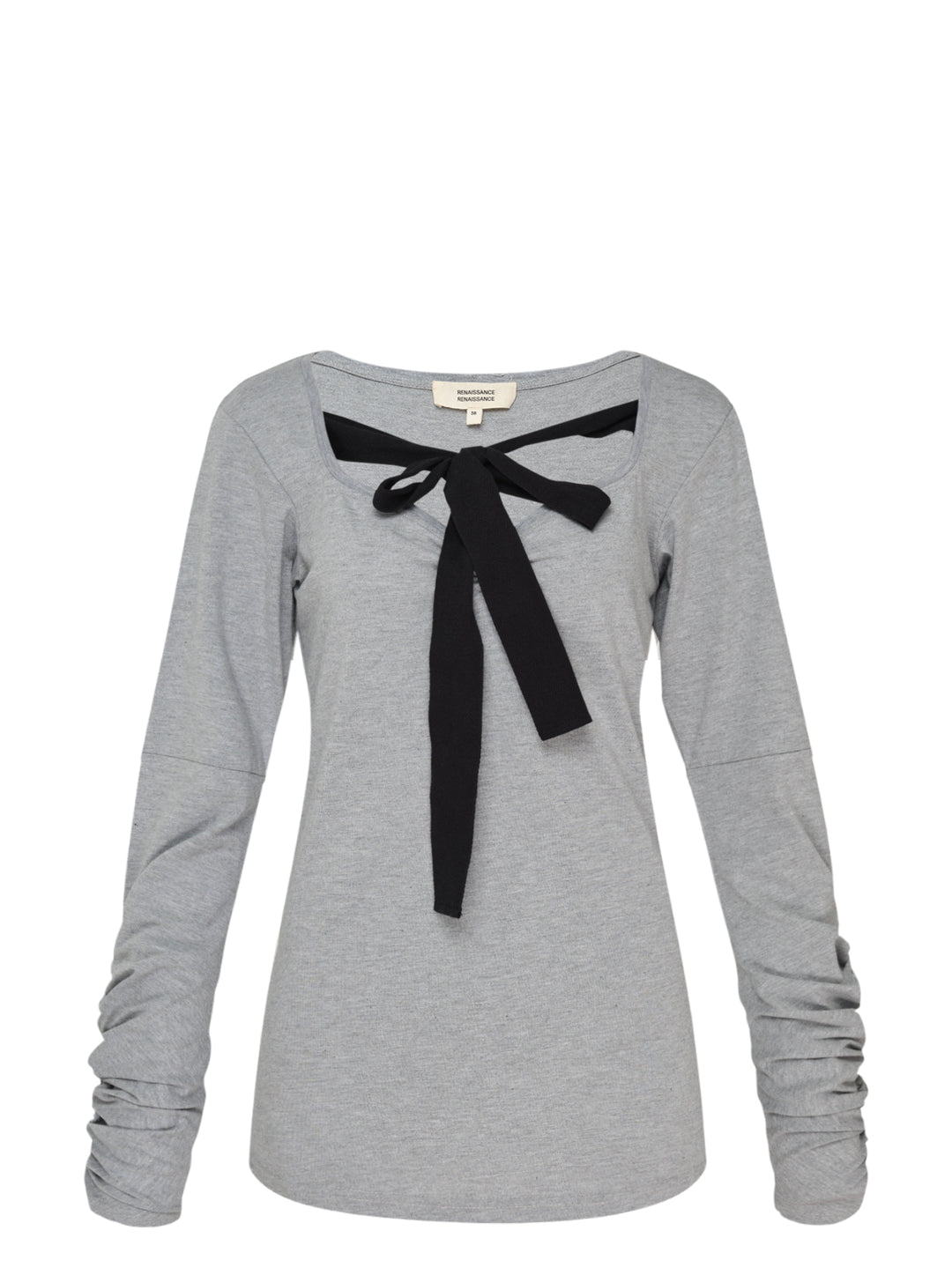 Renaissance Renaissance Giulia heather grey long sleeve top with black tie-bow at the neckline and ruched sleeves