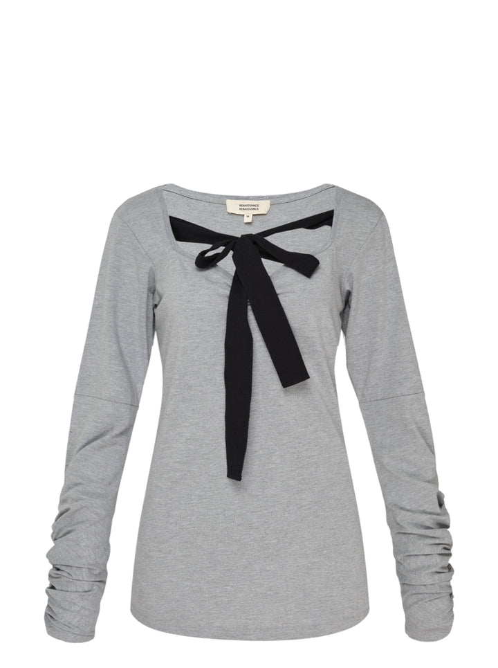 Renaissance Renaissance Giulia heather grey long sleeve top with black tie-bow at the neckline and ruched sleeves