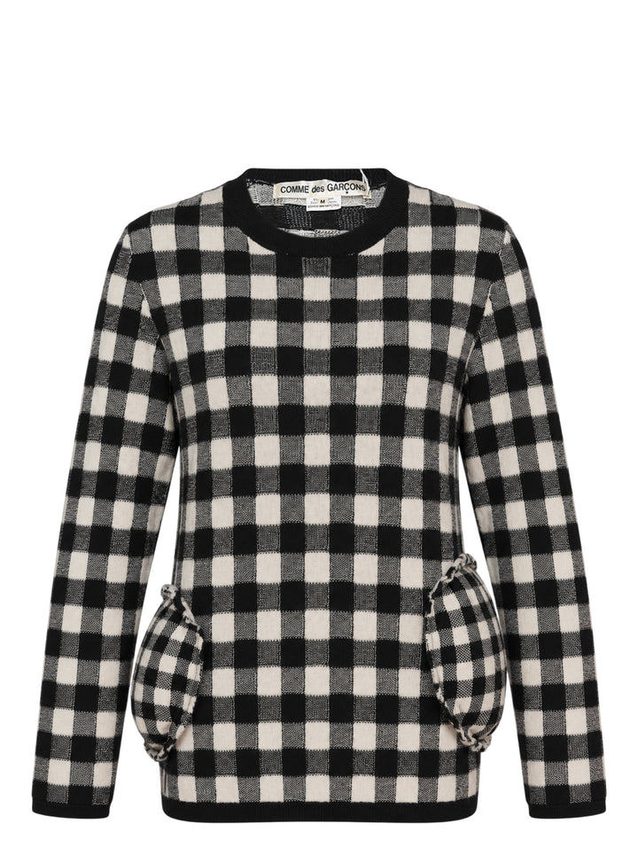 Comme des Garçons black and cream double jacquard gingham crewneck sweater with sculpted gathered pockets at the hips