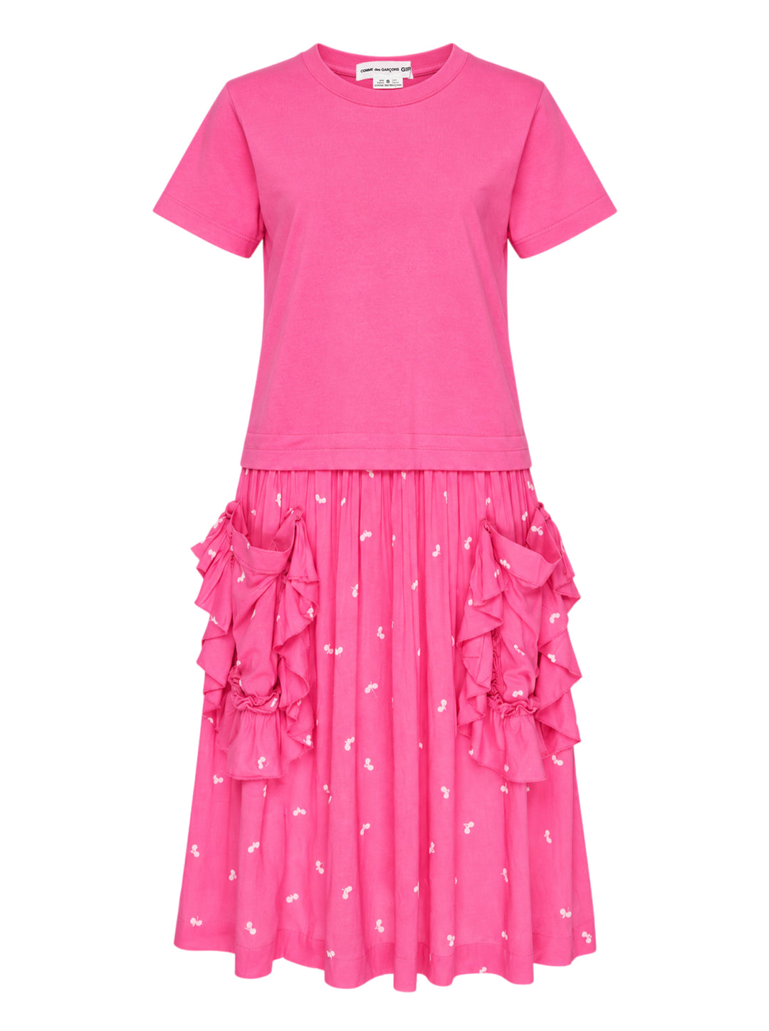 Comme des Garçons Girl pink dress with a short-sleeve jersey tee top and a gathered cherry-print skirt with ruffled pockets