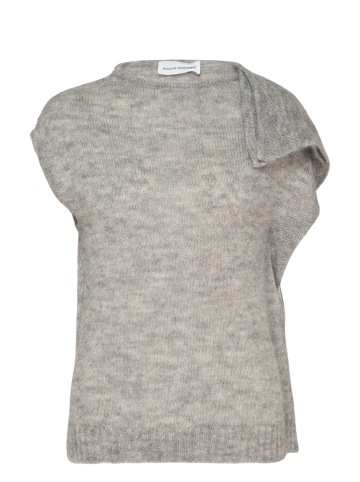 Grey kid mohair sleeveless knit vest with a draped shoulder detail and ribbed hem by Niccolò Pasqualetti