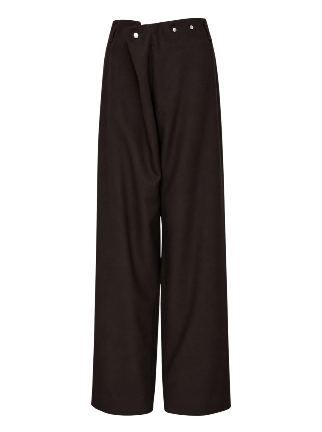 Dark brown wool crepe wide-leg Piega trousers by Niccolò Pasqualetti with an asymmetric folded waistband and metal snap fastenings