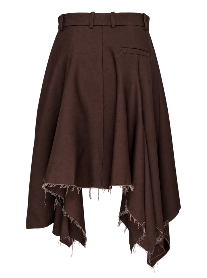 Niccolò Pasqualetti Nave wool skort in chocolate brown with asymmetric handkerchief hem and raw frayed edges - view 2