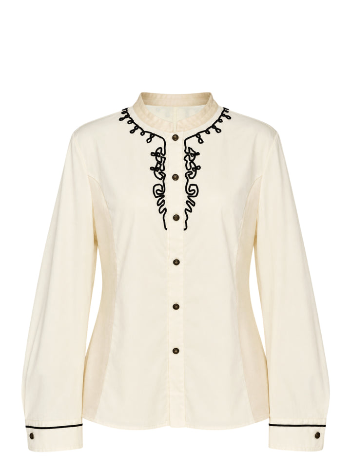 Renli Su cream cotton blouse with black cord embroidery at the stand collar and placket, antique metal buttons and piped cuffs