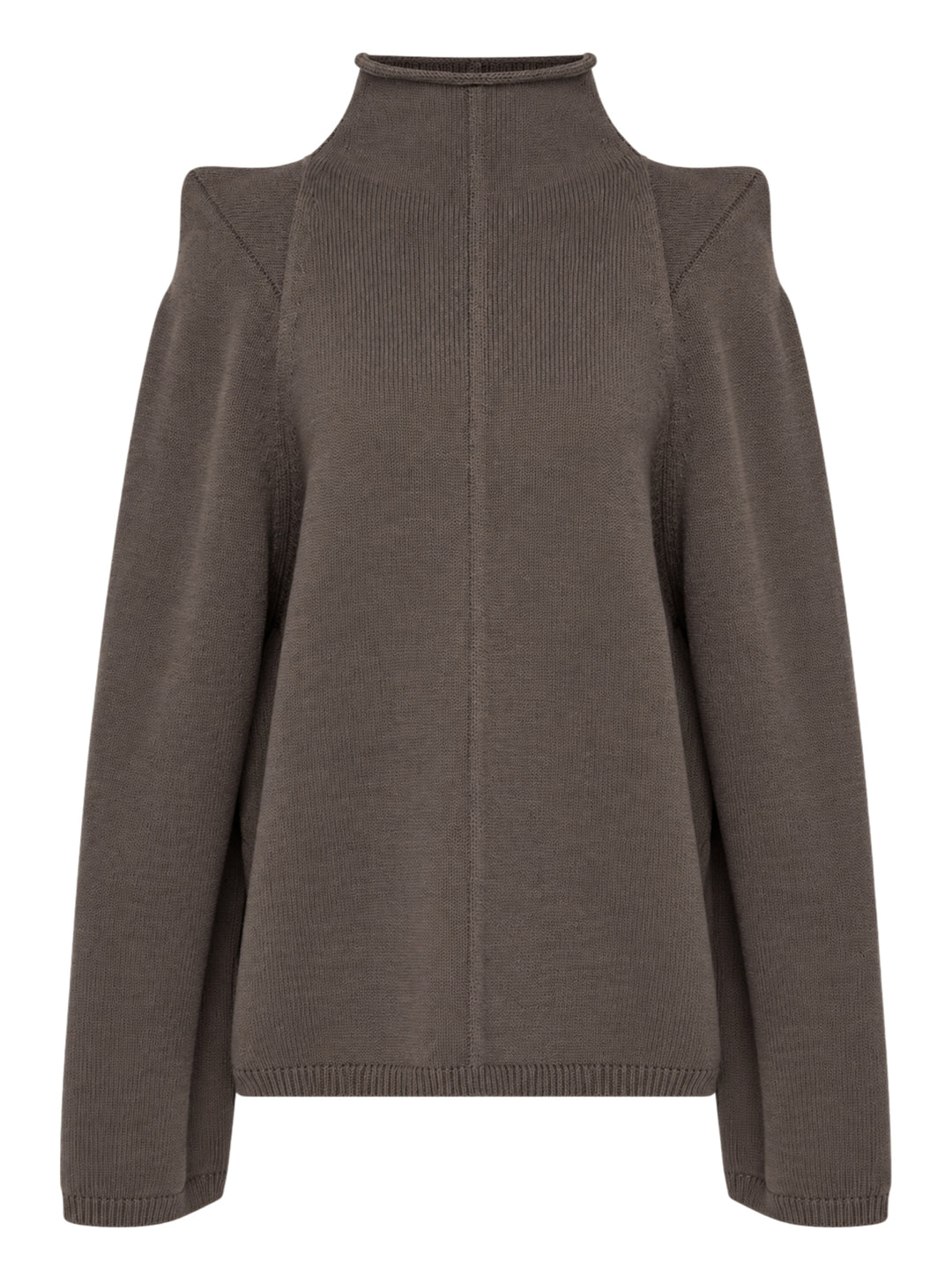 Rick Owens Darkdust cold-shoulder knit sweater with rolled high neck, structured shoulder points and central front seam