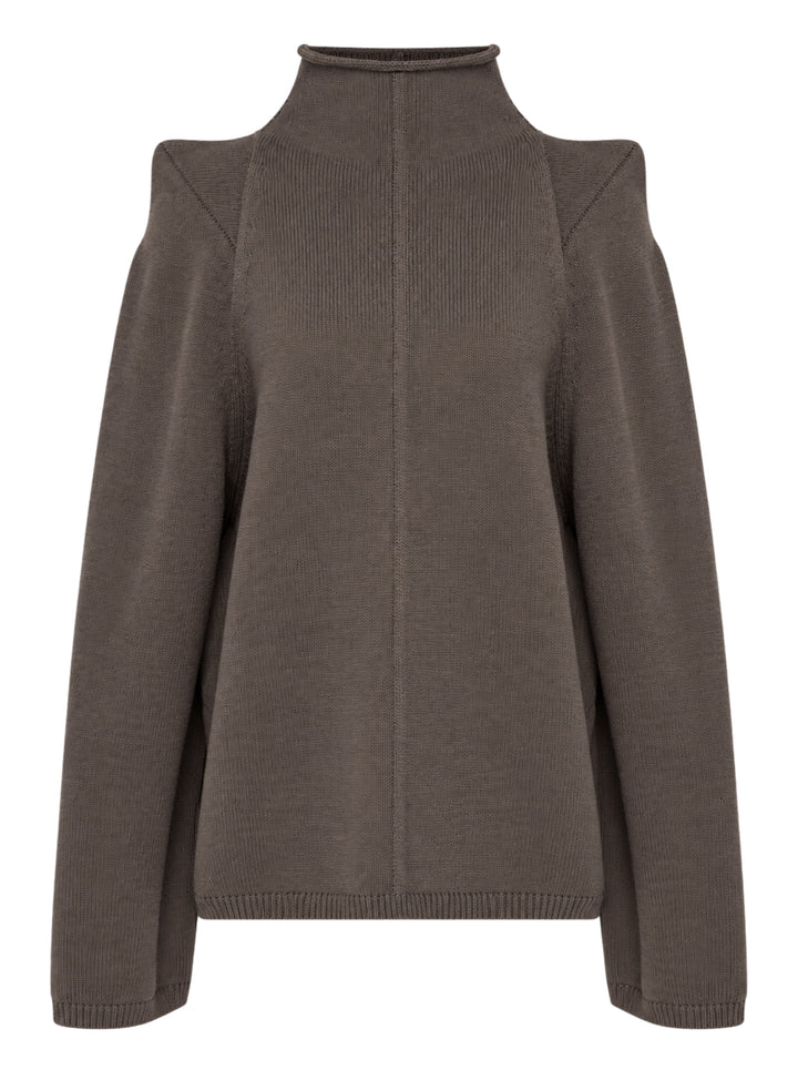 Rick Owens Darkdust cold-shoulder knit sweater with rolled high neck, structured shoulder points and central front seam