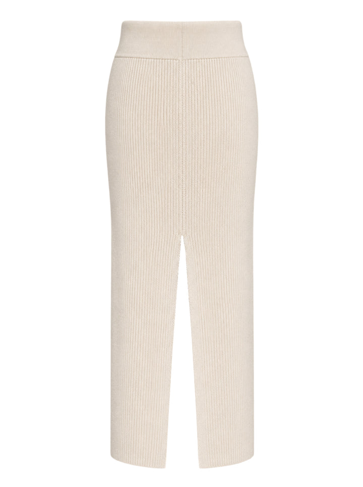 Rick Owens cream ribbed knit midi skirt with wide fold-over waistband and sliced front hem, shown flat from the front - view 2