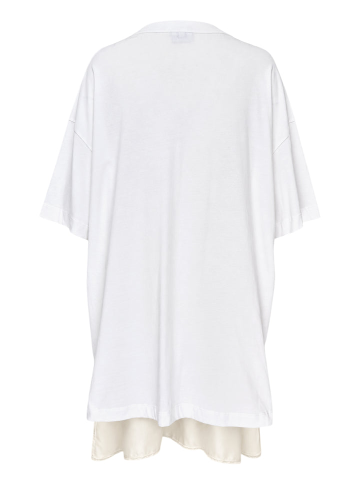 Vaquera layered dress combining an oversized white T-shirt with a cream satin bustier slip dress with lace hem - view 2