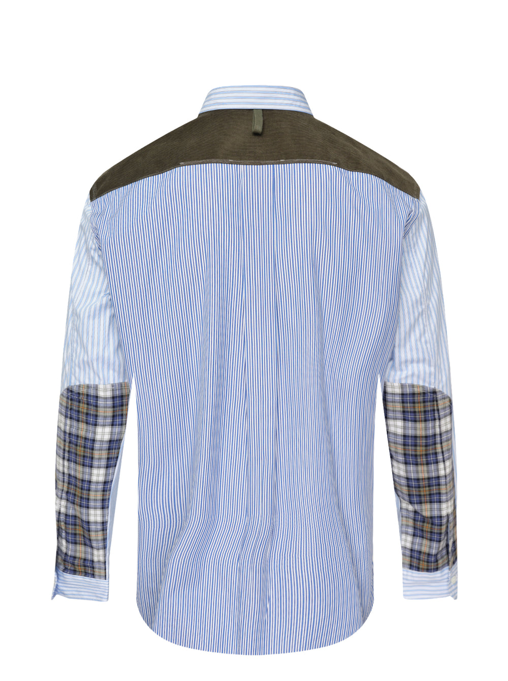 Junya Watanabe blue and white stripe seersucker long sleeve shirt with contrast cotton check panel at the shoulder, white button front placket, and single chest pocket - view 2