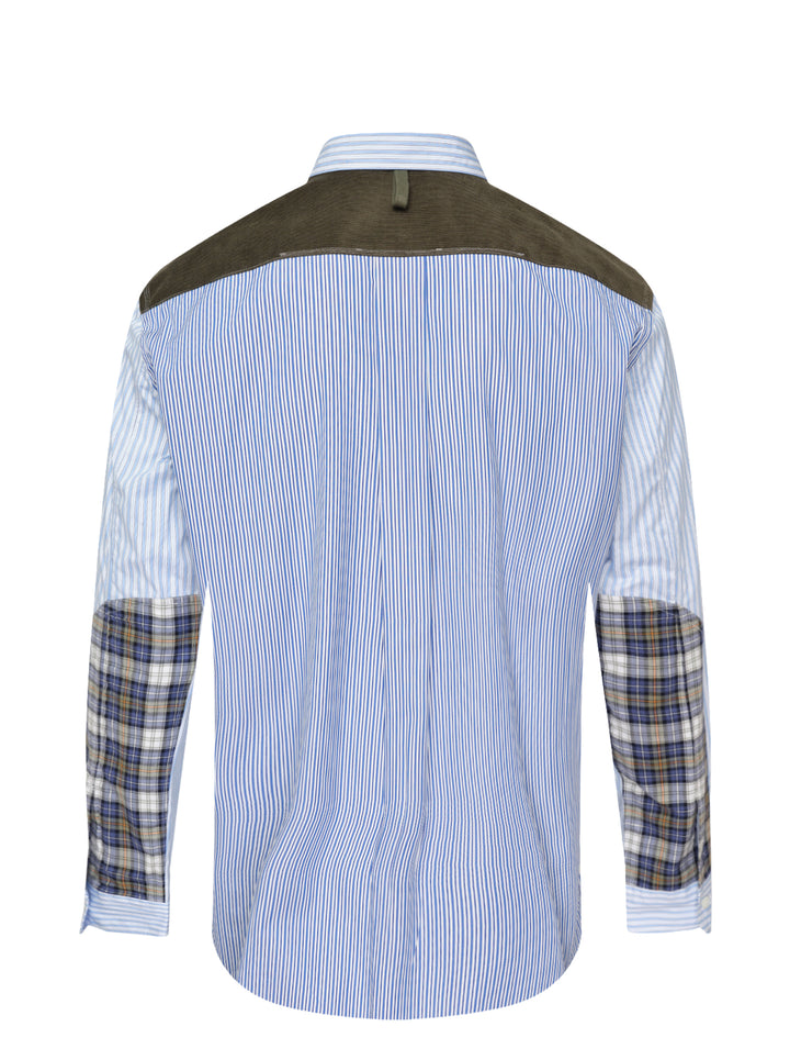 Junya Watanabe blue and white stripe seersucker long sleeve shirt with contrast cotton check panel at the shoulder, white button front placket, and single chest pocket - view 2