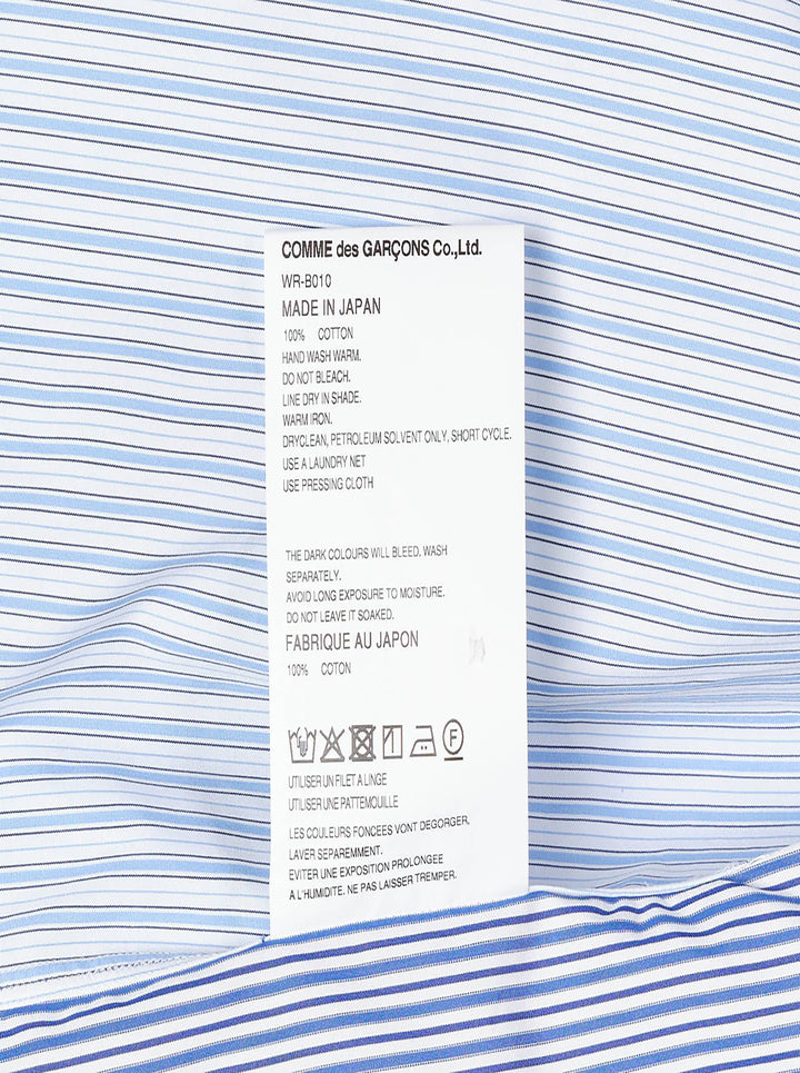 Junya Watanabe blue and white stripe seersucker long sleeve shirt with contrast cotton check panel at the shoulder, white button front placket, and single chest pocket - view 3