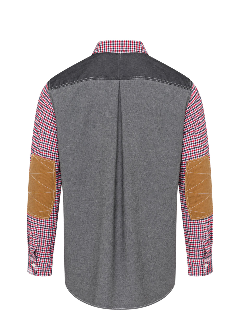 Junya Watanabe long sleeve cotton check shirt in red, navy, and white gingham with contrast dark flannel shoulder panels, dual chest patch pockets, and white button fastening - view 2